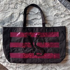 Victoria’s Secret Pink Sequin Stripe Canvas Tote Large